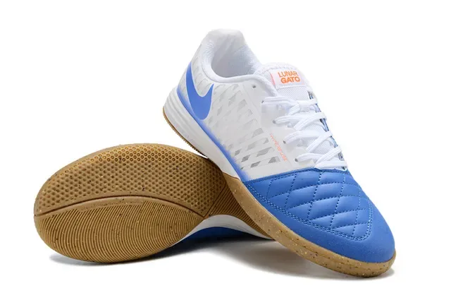 Nike Blanco Azul Capuchón acolchado Panel lateral malla diamante Zapatos de fútbol indoor 6