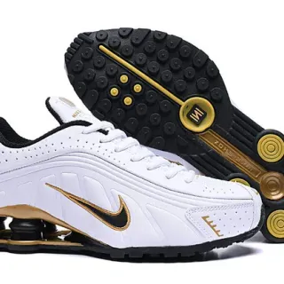 Nike White Gold Shox تخفيف عمودي مثقوب جلد اصطناعي علوي أحذية نمط حياة