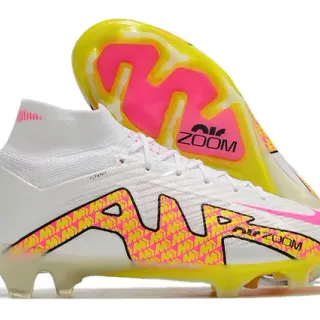Nike White Pink High-Cut Flyknit Collar Neon Graphic Cage Firm-Ground Soccer Shoes