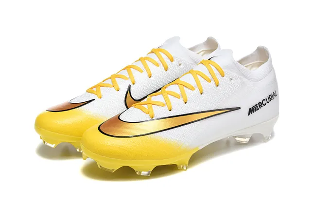 Nike सफेद पीला कम कट बुनना ऊपरी ग्रेडिएंट स्वॉश फर्म-ग्राउंड फुटबॉल जूते 8