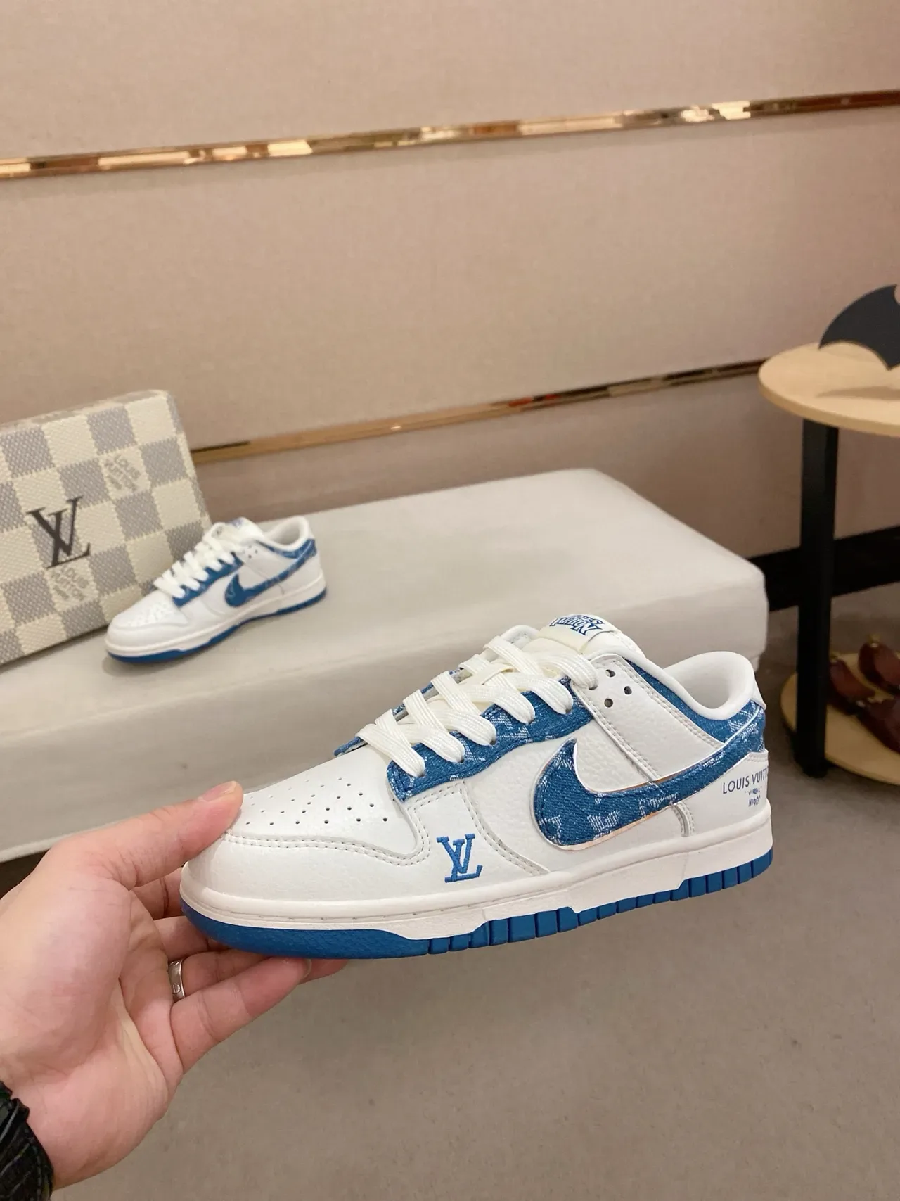 Nike x Louis Vuitton Dunk Low White and Blue Monogram Lifestyle Sneakers 3