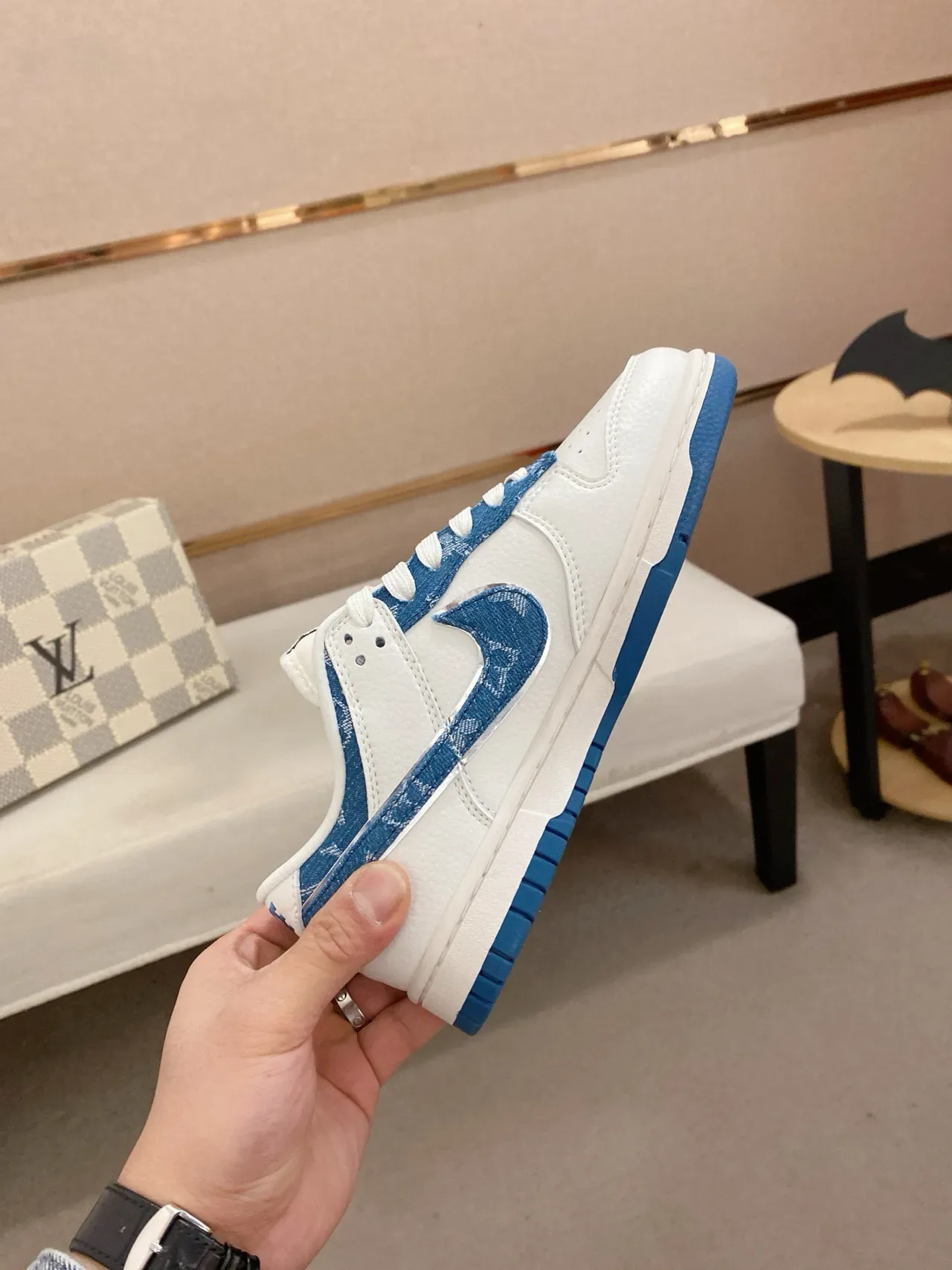 Nike x Louis Vuitton Dunk Low White and Blue Monogram Lifestyle Sneakers 5