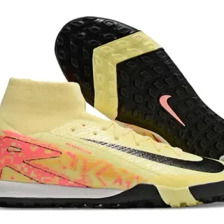 Nike Amarelo Rosa Flyknit Alto Colar de Meia Sapatos Futebol Grama
