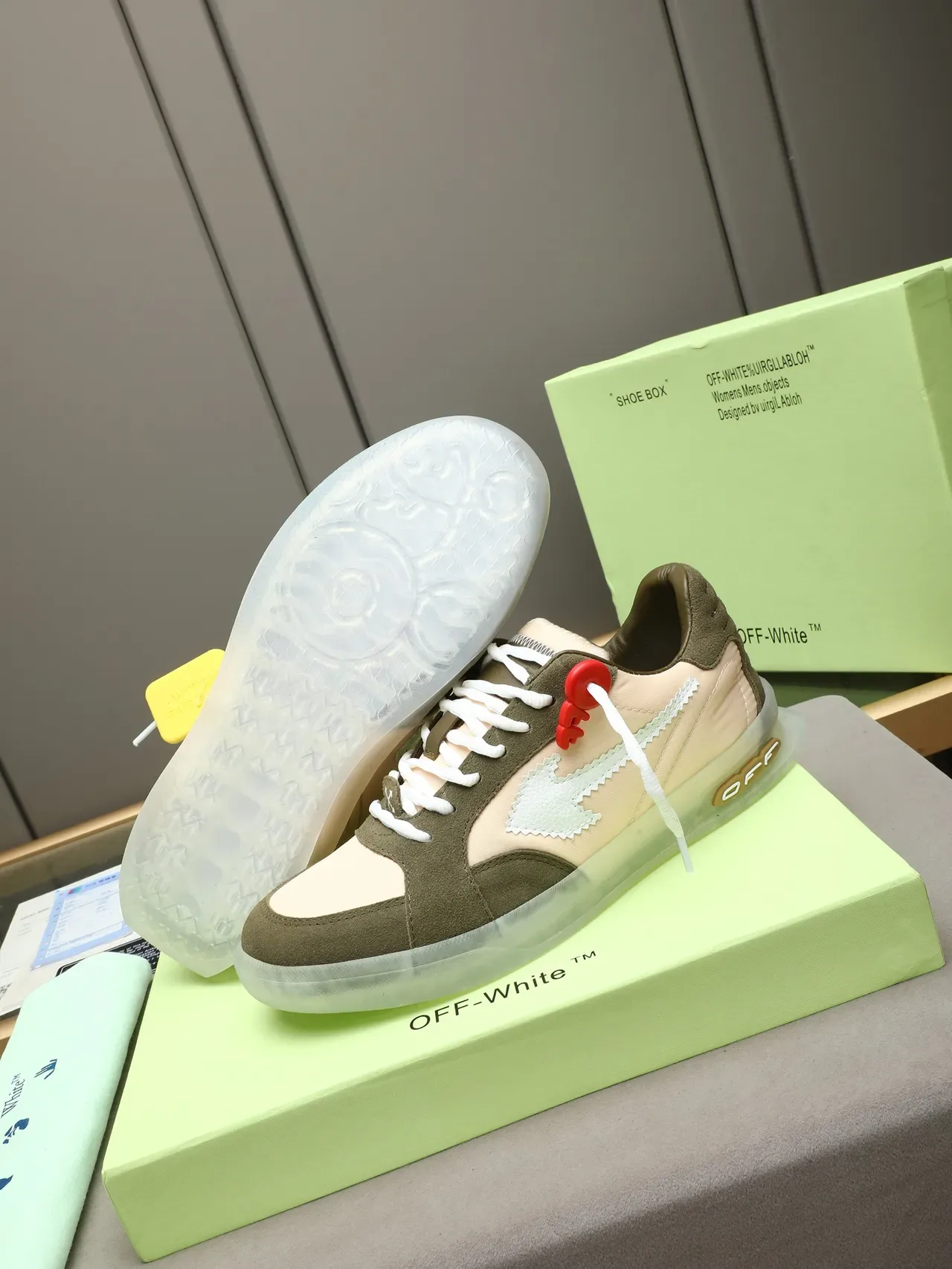 Off-White أحذية رياضية أسلوب حياة أخضر عسكري بيج بانيلز منفكة أحزمة سحاب صناعية 5