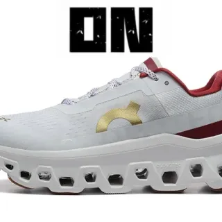 On Cloudmonster White Maroon Gold Running Shoes