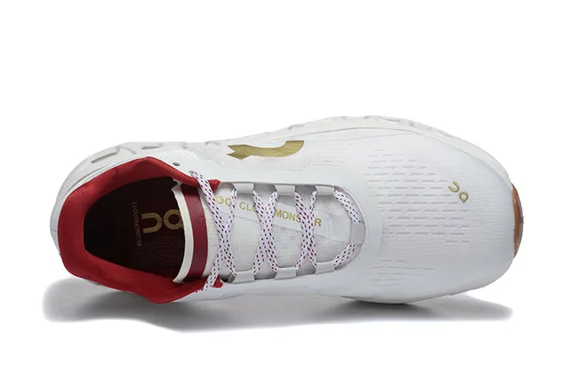 On Cloudmonster Blanc Bordeaux Doré Chaussures de course 3
