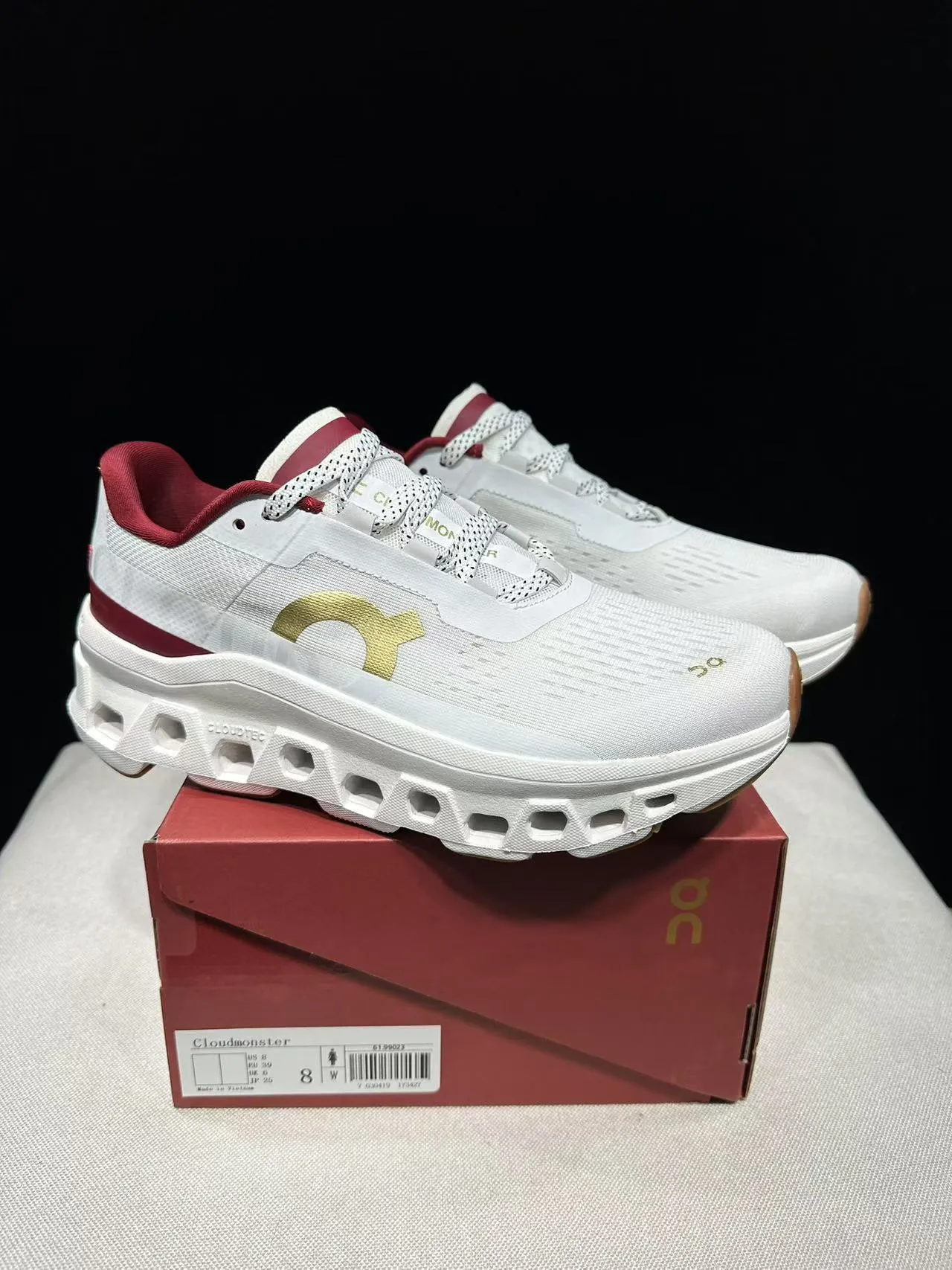 On Cloudmonster Blanc Bordeaux Doré Chaussures de course 13