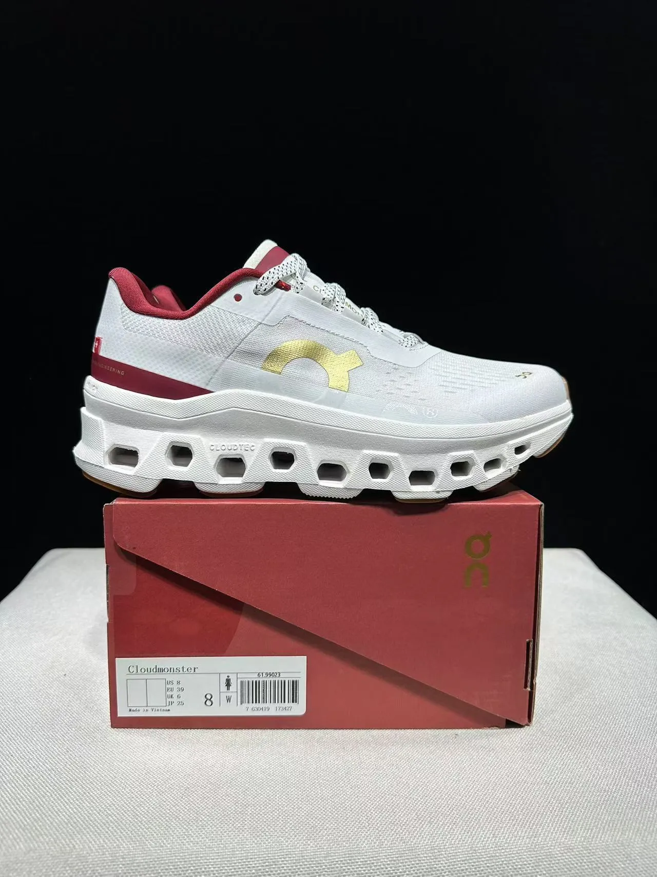 On Cloudmonster Blanc Bordeaux Doré Chaussures de course 14