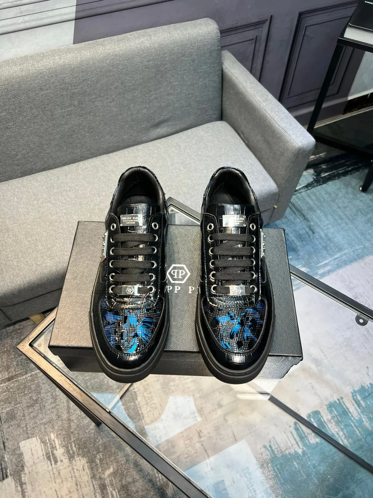 Philipp Plein काला नीला चमकदार पेटेंट प्रभाव ऊपरी फ्लोरल एम्ब्रॉयडरी पैटर्न लाइफस्टाइल स्नीकर 2