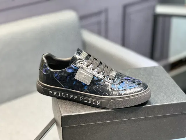 Philipp Plein काला नीला चमकदार पेटेंट प्रभाव ऊपरी फ्लोरल एम्ब्रॉयडरी पैटर्न लाइफस्टाइल स्नीकर 9