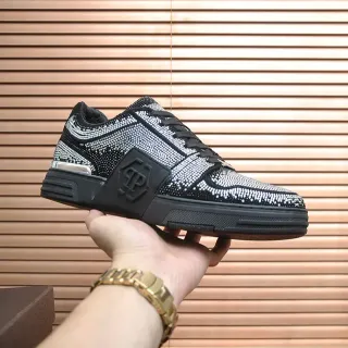 Philipp Plein काले चांदी क्रिस्टल सजावट कम ऊंच लाइफस्टाइल स्नीकर