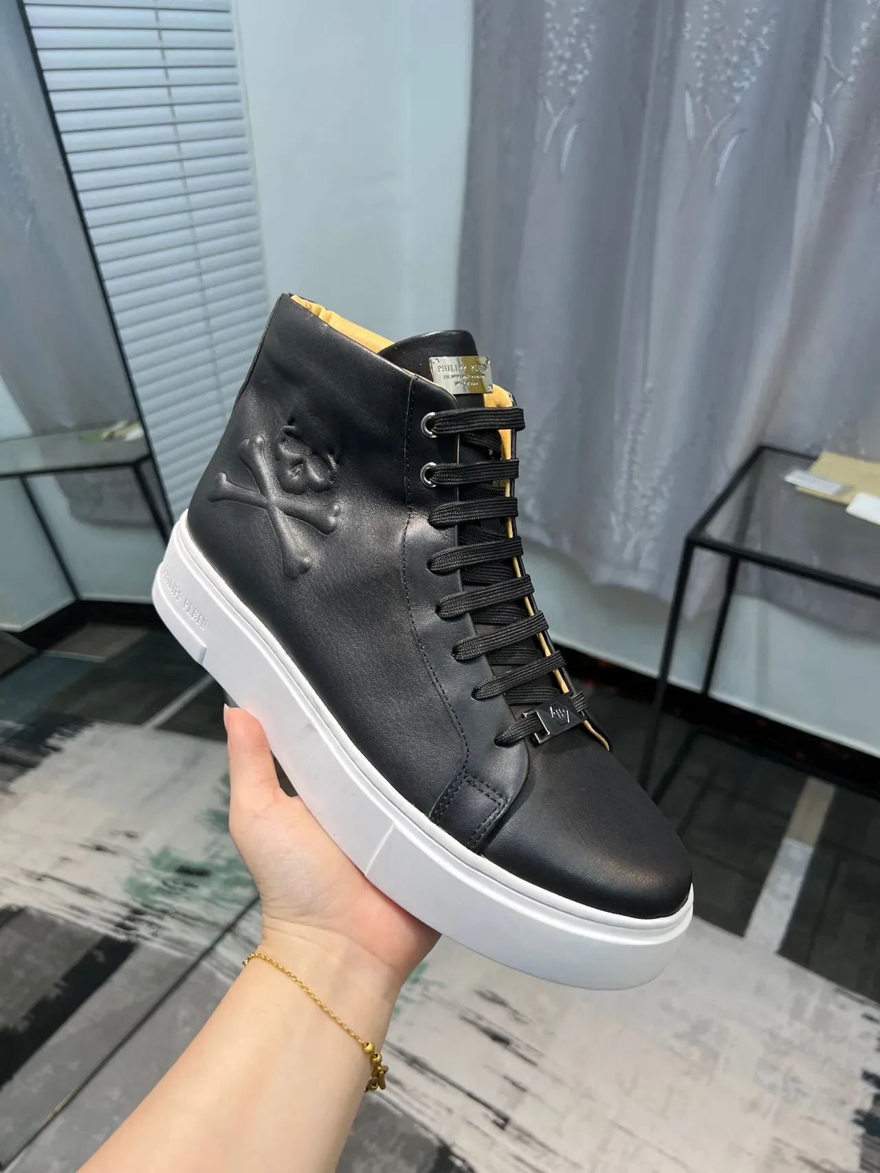 Philipp Plein काला सफेद हाई टॉप चमड़ी ऊपरी जीवनशैली स्नीकर्स 6