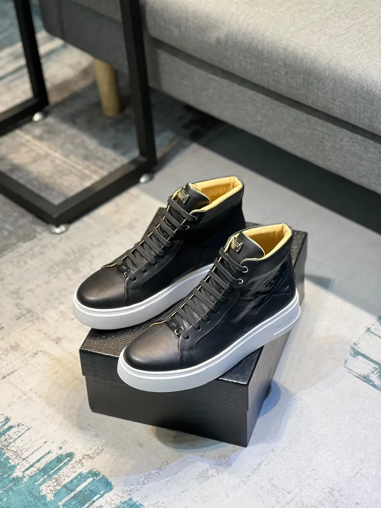 Philipp Plein काला सफेद हाई टॉप चमड़ी ऊपरी जीवनशैली स्नीकर्स 7