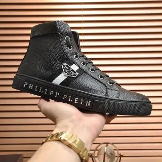 Philipp Plein Black White High-Top Pebbled Leather Lifestyle Sneakers