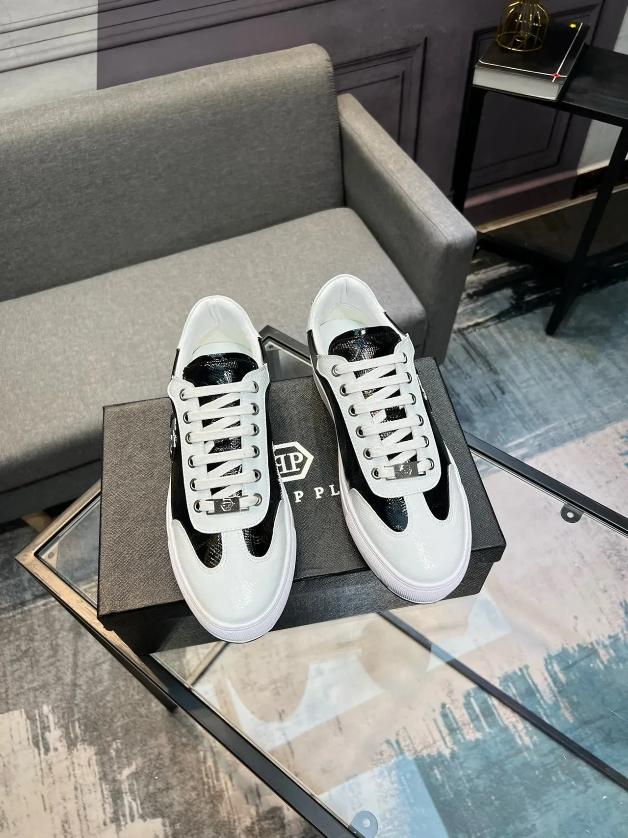Philipp Plein Negro Blanco Cuero Texturizado Parte Superior Paneles de Contraste Zapatillas Lifestyle 5