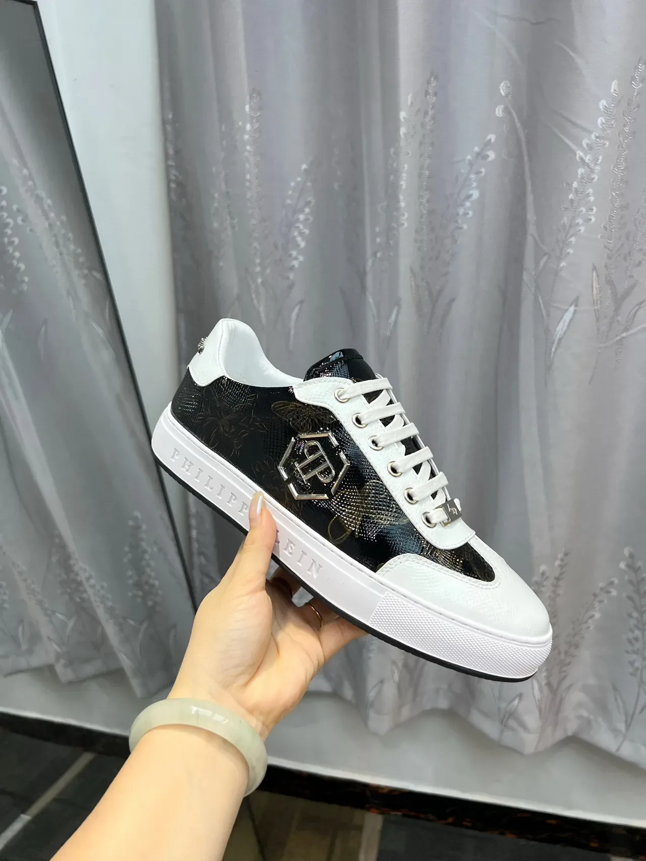 Philipp Plein Negro Blanco Cuero Texturizado Parte Superior Paneles de Contraste Zapatillas Lifestyle 6