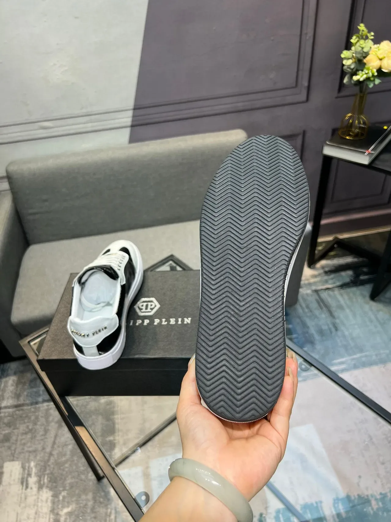 Philipp Plein Negro Blanco Cuero Texturizado Parte Superior Paneles de Contraste Zapatillas Lifestyle 7