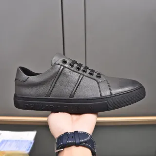 Philipp Plein ধূসর কালো খুরদুরা চামড়া উপরের উল্লম্ব সেলাই প্যানেল লাইফস্টাইল স্নিকার্স