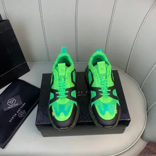 Philipp Plein Green Black Neon And Layered Mesh-Synthetic Upper Skull Logo On Tongue Chunky Sneakers