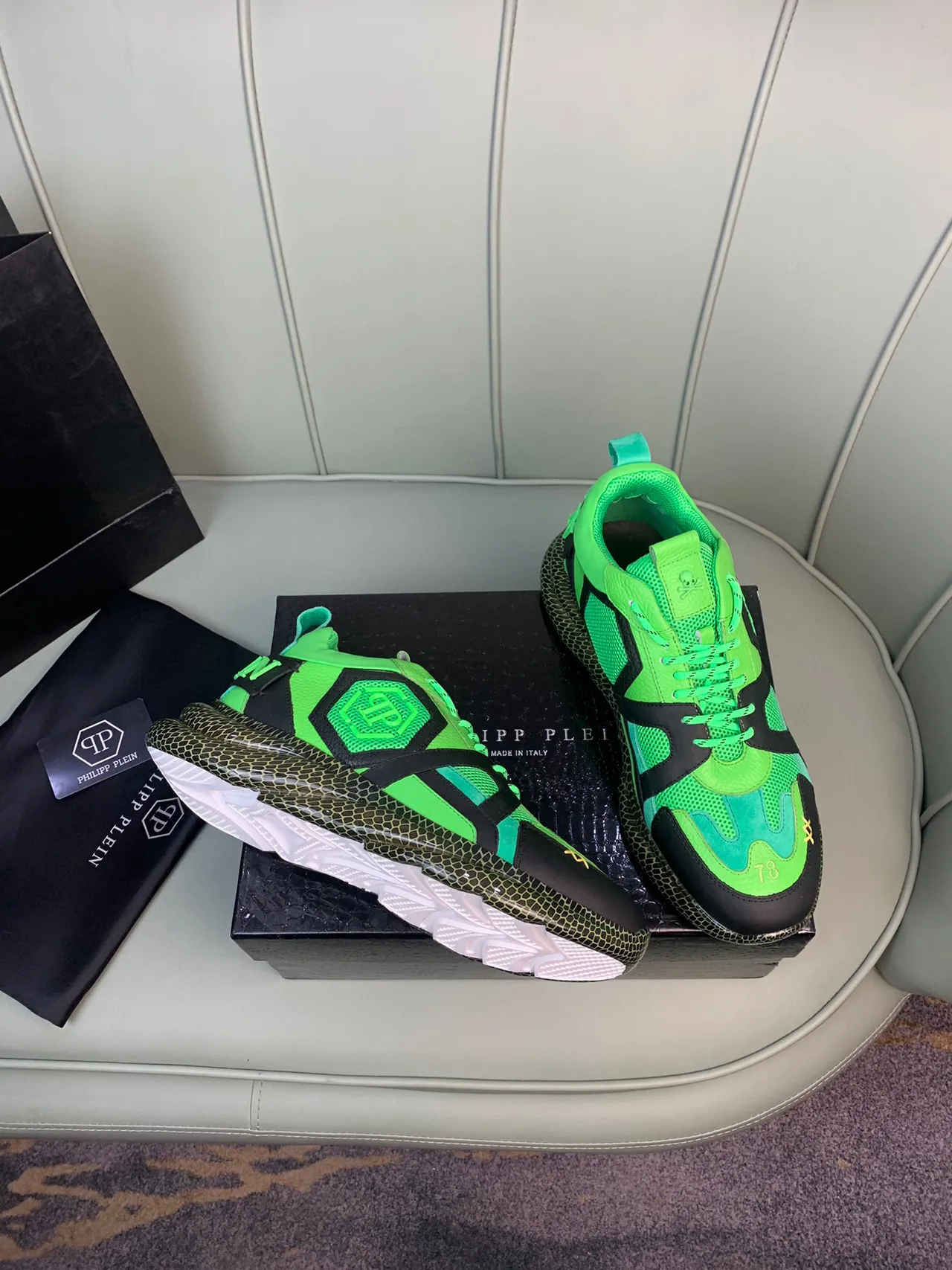 Philipp Plein Verde Preto Neón E Camada Malha-Sintética Superior Logo Crânio Na Língua Tênis Chunky 4
