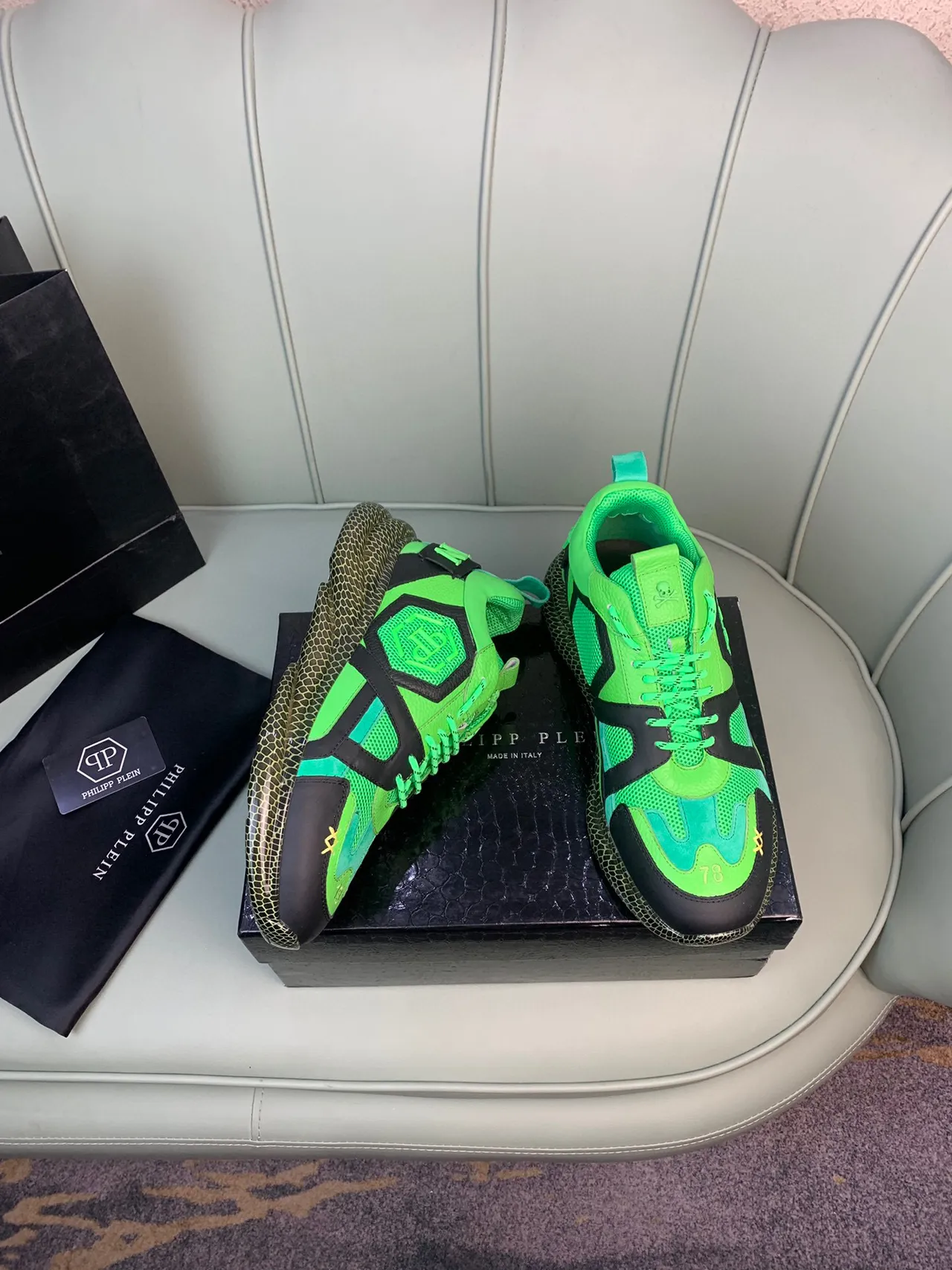 Philipp Plein Verde Preto Neón E Camada Malha-Sintética Superior Logo Crânio Na Língua Tênis Chunky 7