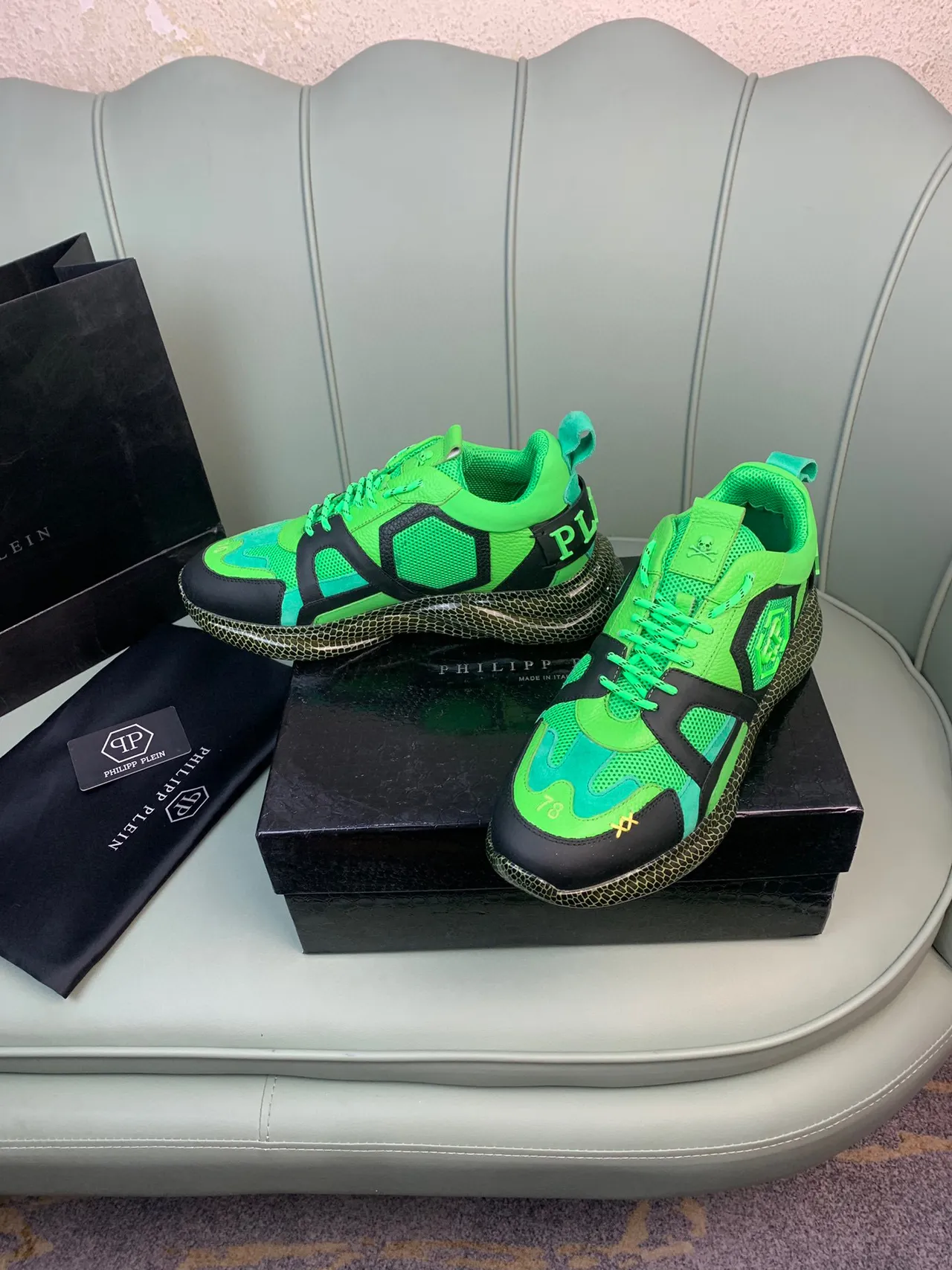 Philipp Plein Verde Preto Neón E Camada Malha-Sintética Superior Logo Crânio Na Língua Tênis Chunky 8
