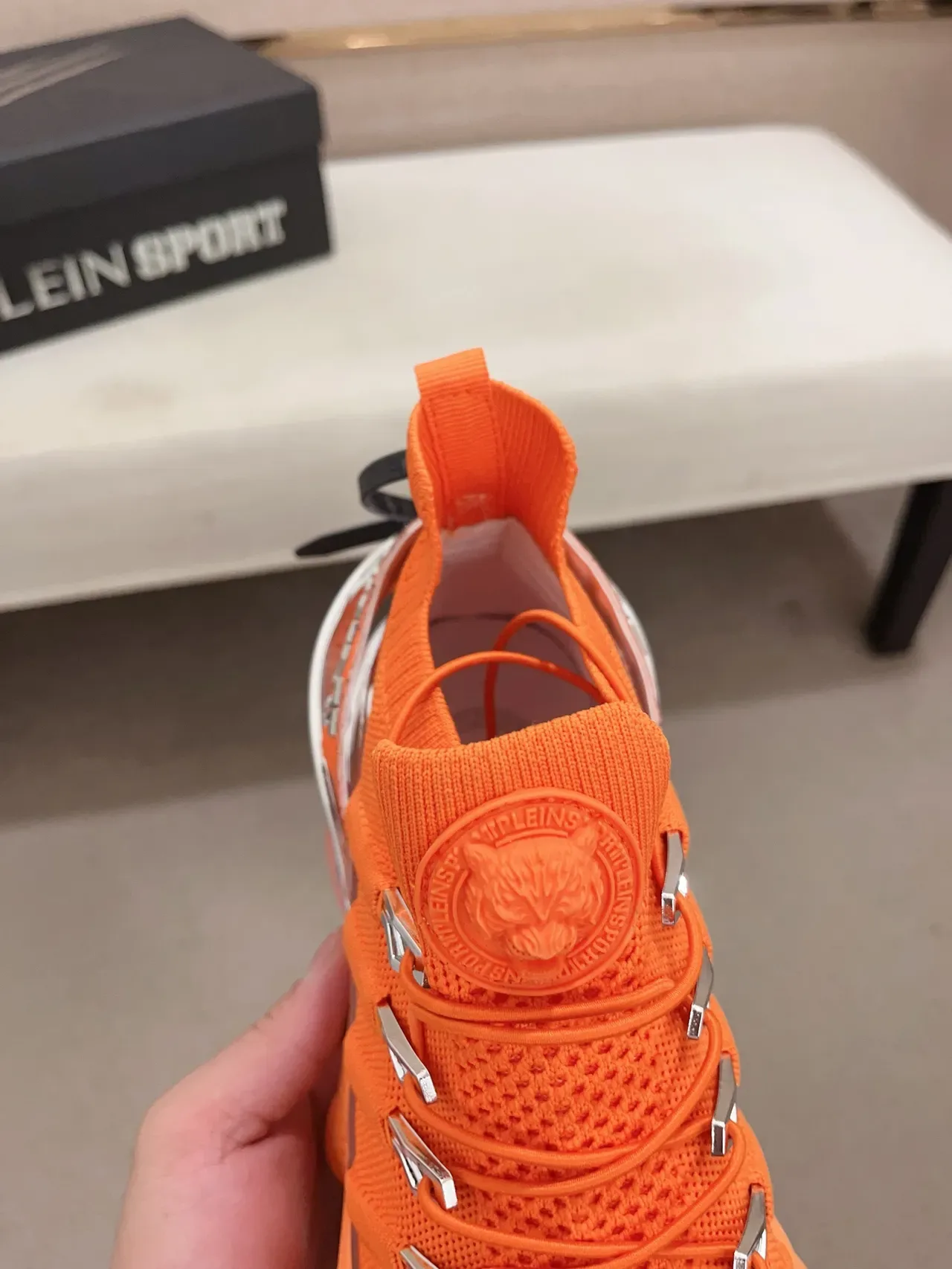 Philipp Plein Orange Silver Knit Upper Sculpted Midsole Chunky Sneakers 4