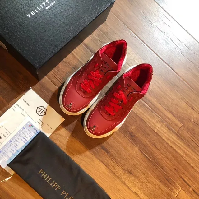 Philipp Plein लाल सफेद चमड़े की ऊपरी सतह नक्काशीदार सोल वाली मोटी स्नीकर 4