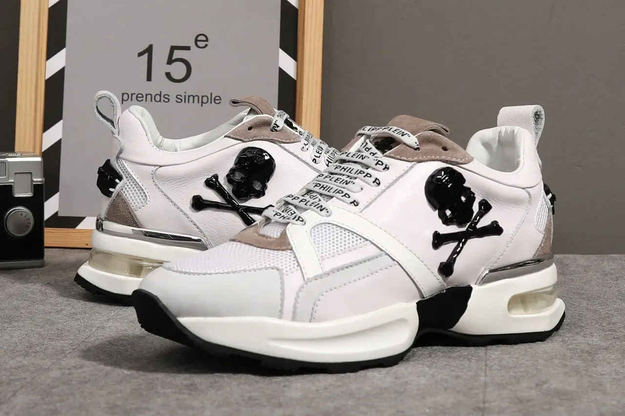 Philipp Plein Sneakers Lifestyle Blanc Beige Cuir Et Maille Supérieure Avec Overlays En Daim 2