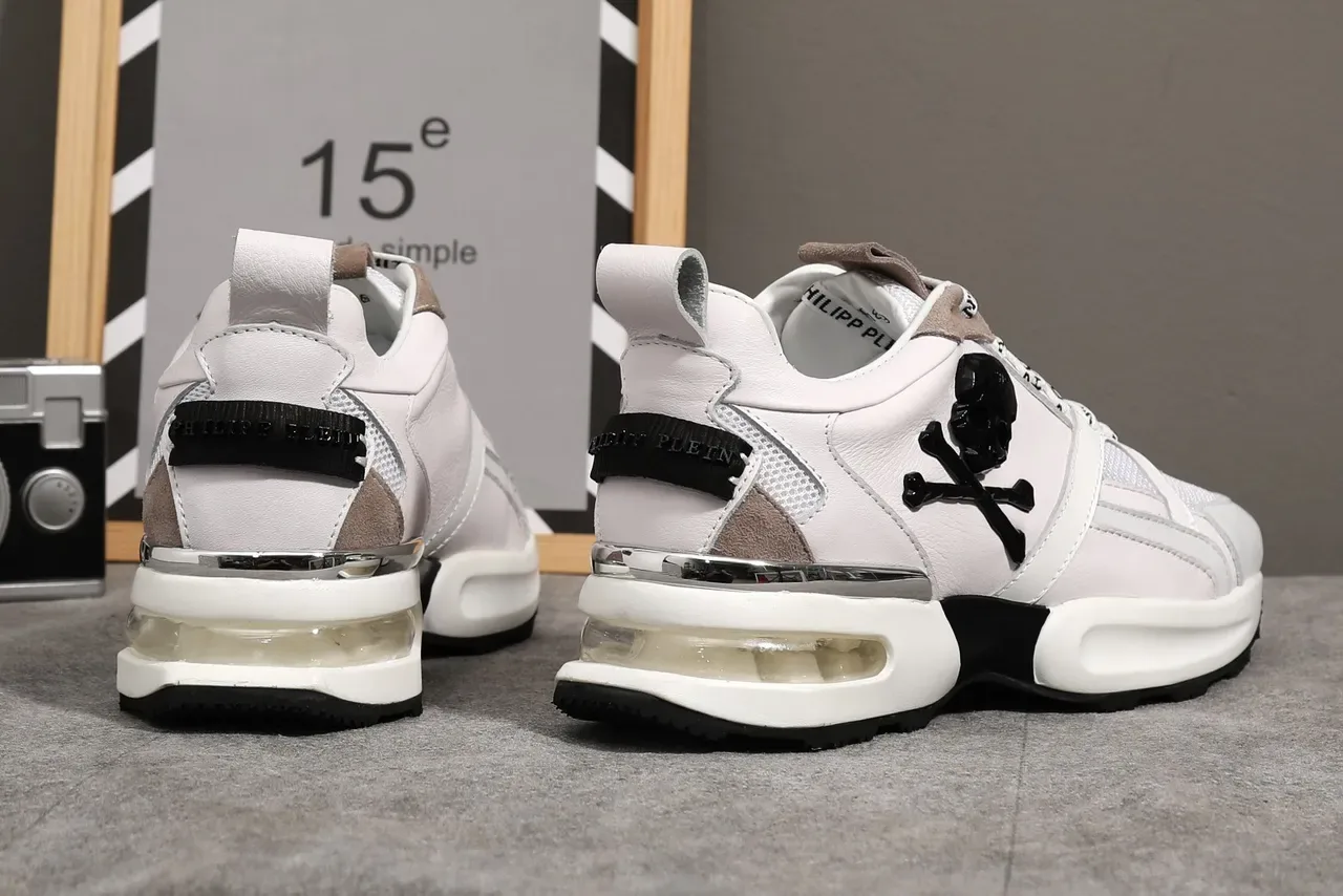 Philipp Plein Sneakers Lifestyle Blanc Beige Cuir Et Maille Supérieure Avec Overlays En Daim 4