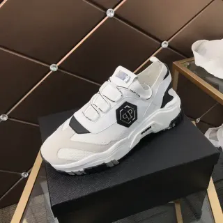 Philipp Plein White Black Laceless Strap Closure Hexagonal Logo Patch Chunky Sneakers