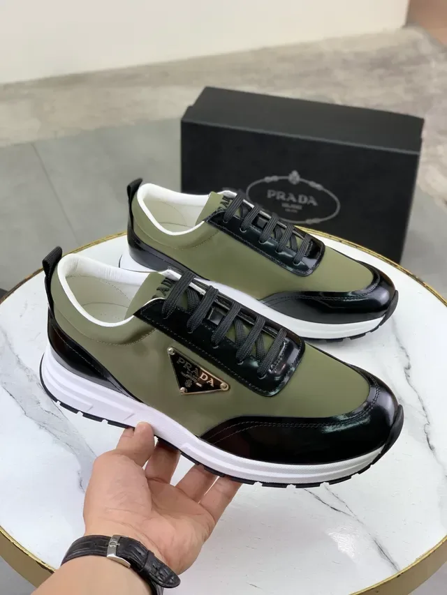 Prada Army Green Black Olive And Patent Leather Triangular Metal Logo Plaque Lifestyle Sneakers 4