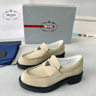 Prada Beige Black Suede Upper Platform Sole Loafer