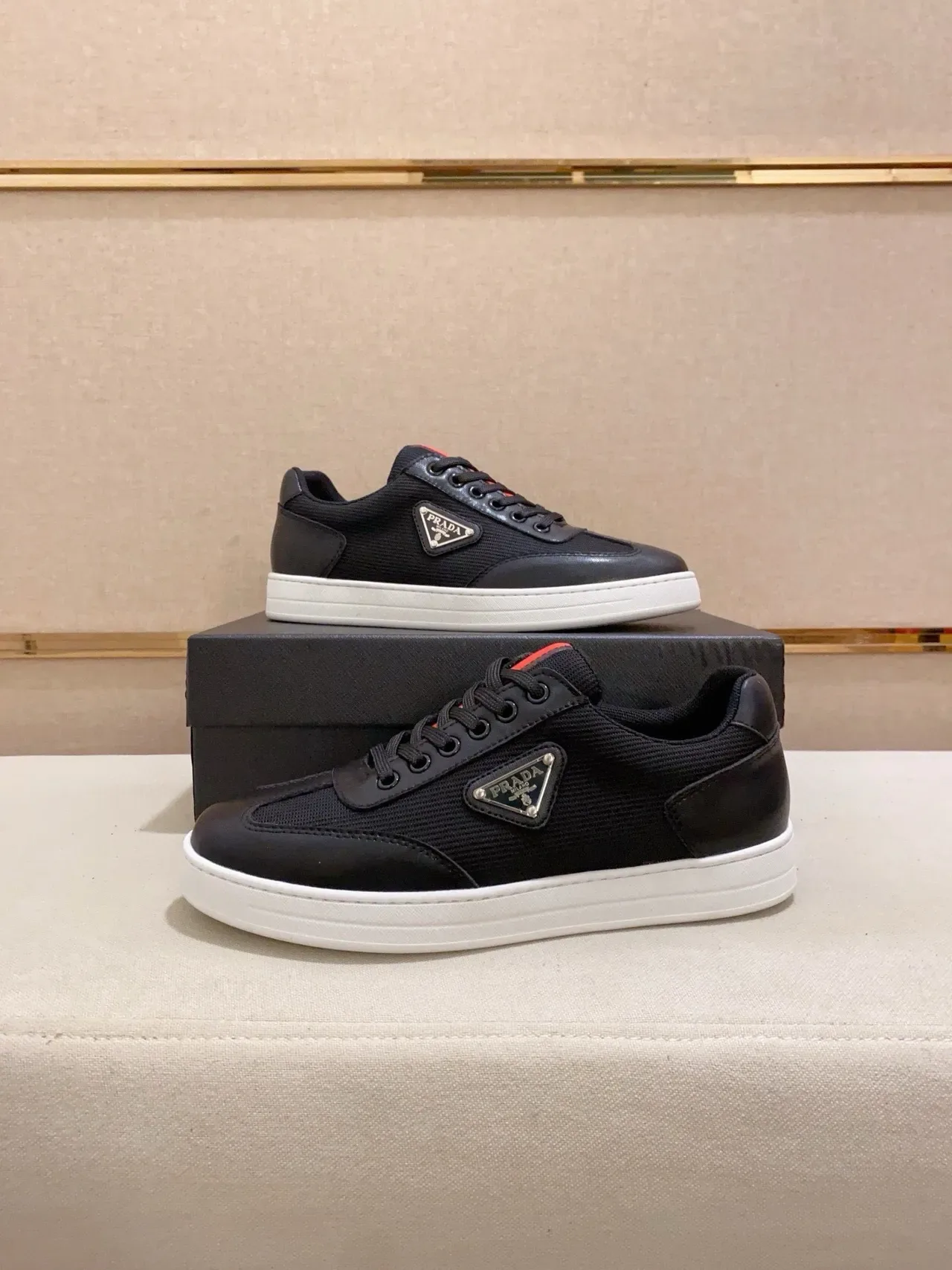 Prada Black White Low-Top Mesh-and-Leather Upper Lifestyle Sneakers 5