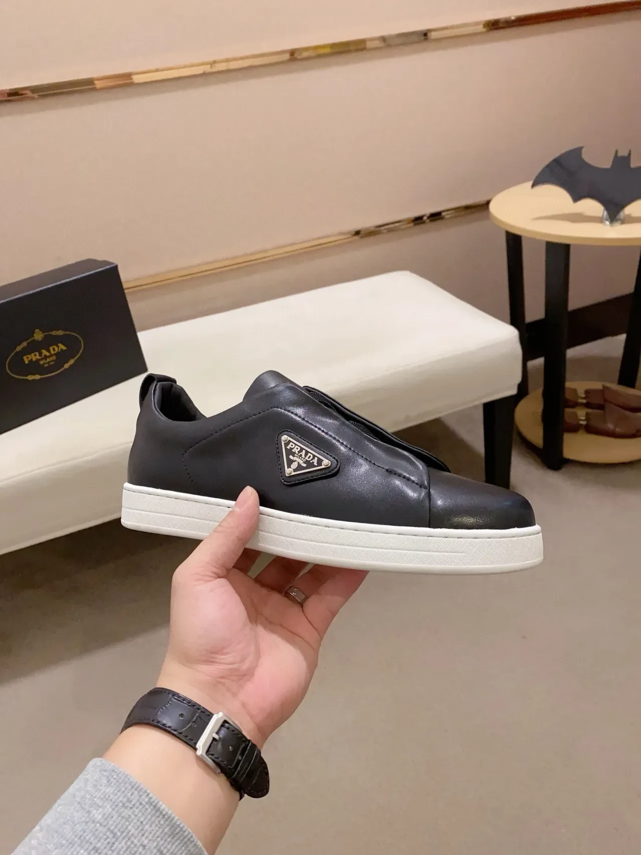 Prada Black White Slip-On Leather Upper Lifestyle Sneakers 4