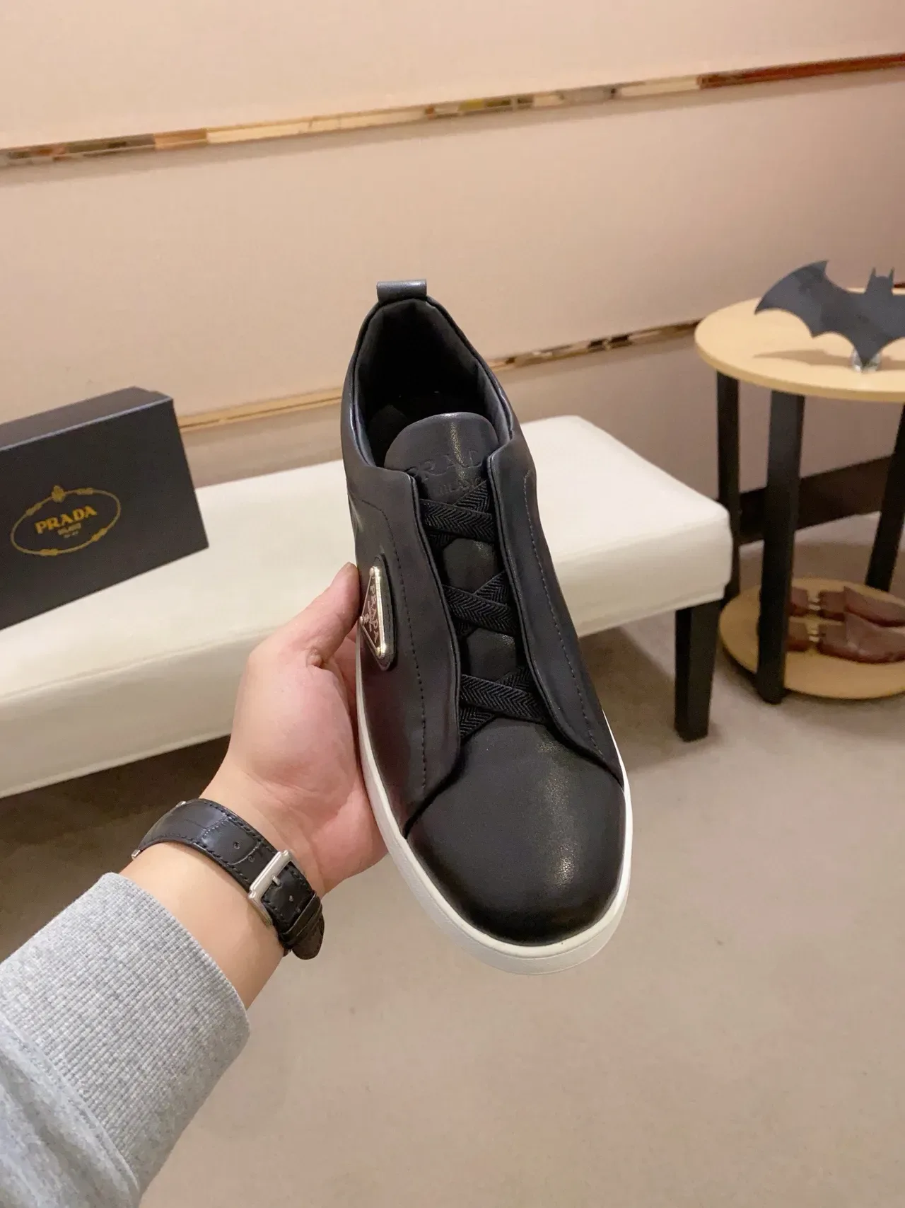 Prada Black White Slip-On Leather Upper Lifestyle Sneakers 5