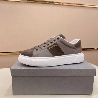 Prada Brown White Low-Top Two-Tone Leather-Suede Lifestyle Sneakers