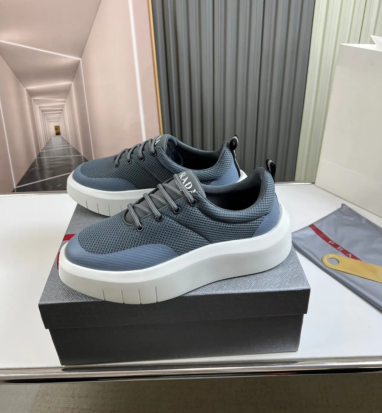 Prada Cloudbust Gray Mesh Platform Chunky Sneakers 9