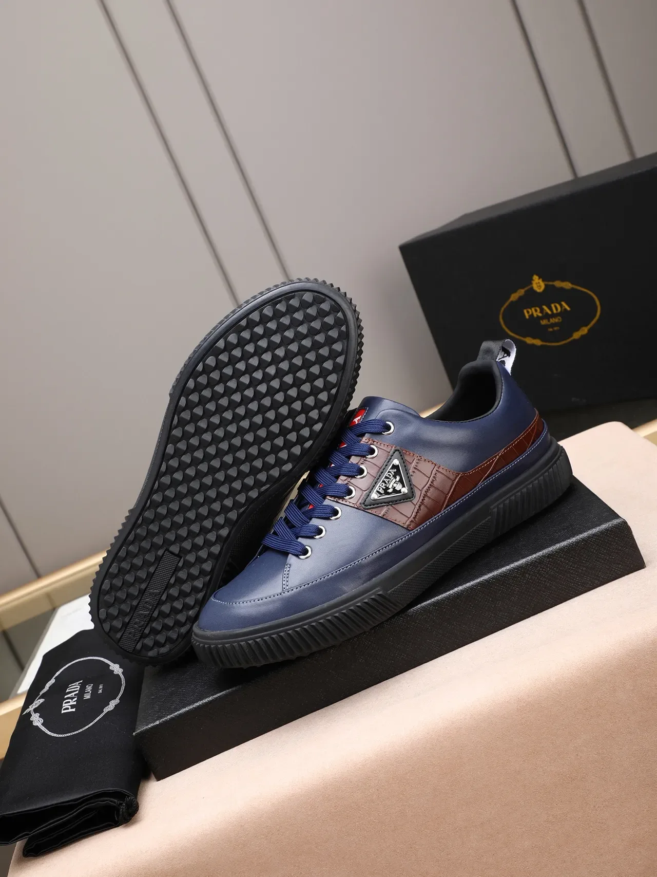Prada Cloudbust Navy Brown Leather Upper Crocodile-Embossed Panel Lifestyle Sneakers 4