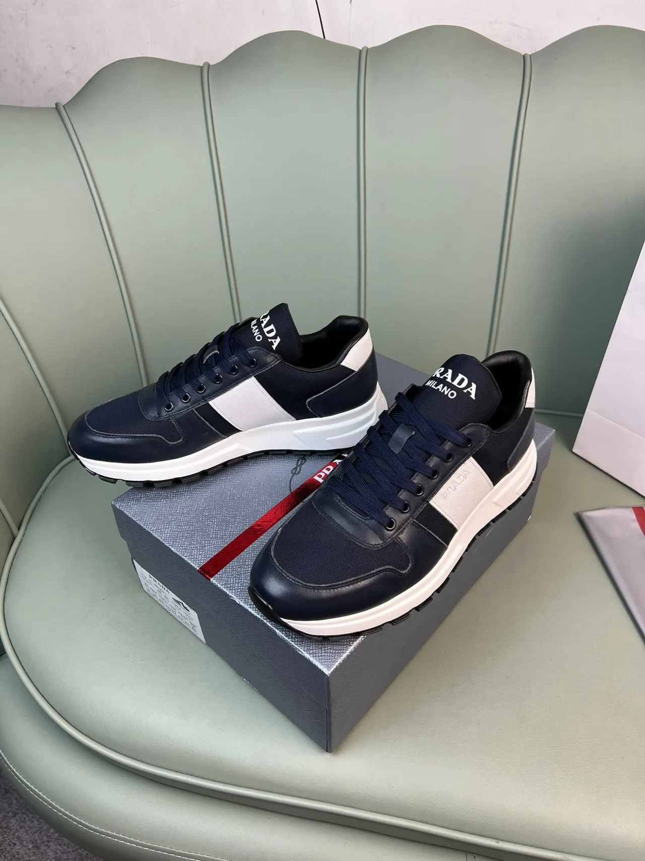 Prada Cloudbust Navy White Leather-Mesh Hybrid Contrast Midsole Chunky Sneakers 7