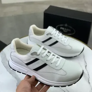 Prada Cloudbust White Black Leather And Mesh Upper Diagonal Stripe Detail Lifestyle Sneakers