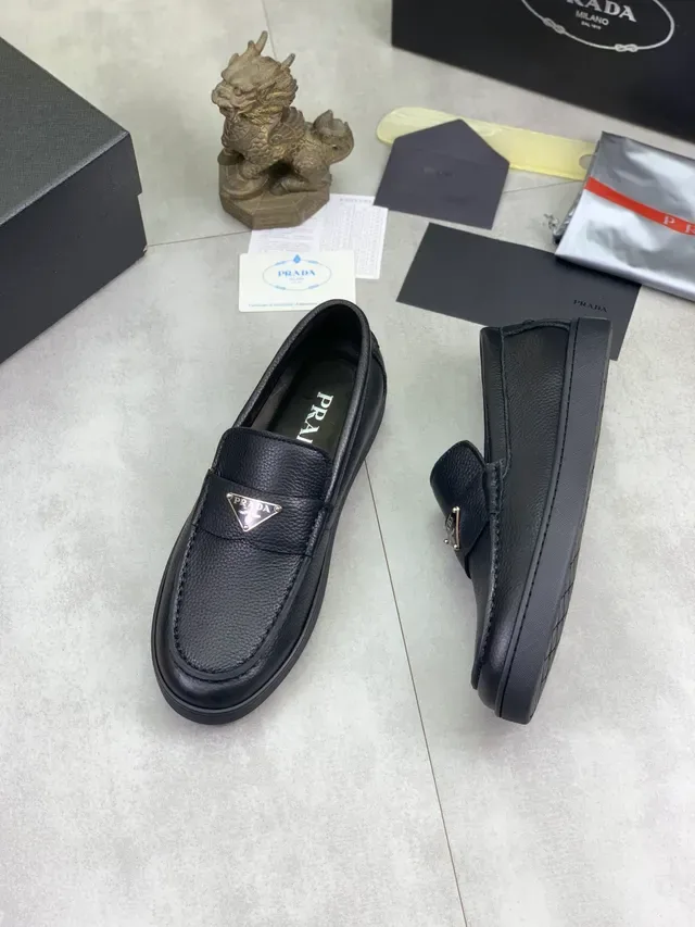 Prada Loafer Black Pebbled Leather Metal Triangle Logo Loafer 5