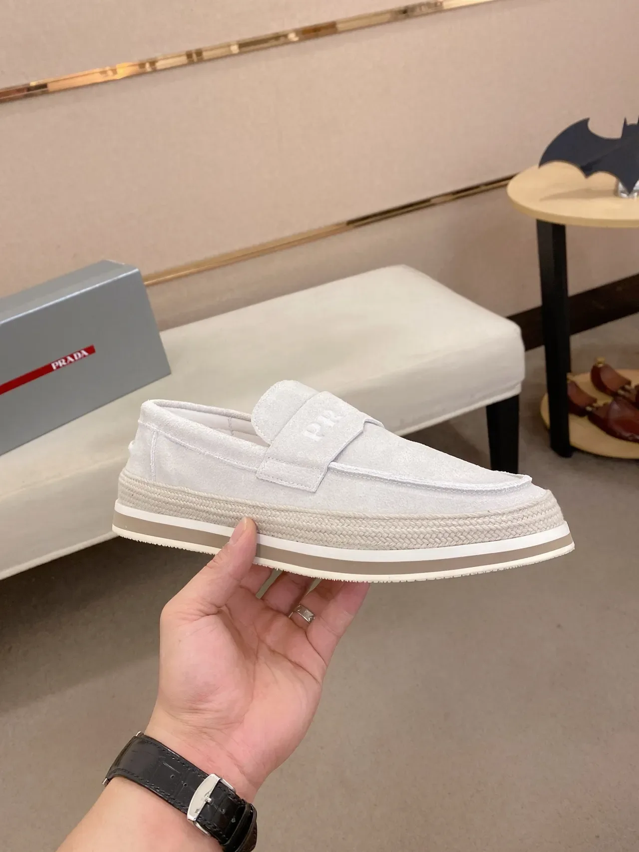 Prada Loafer Gray Beige Suede Upper Embossed Logo Strap Loafer 4