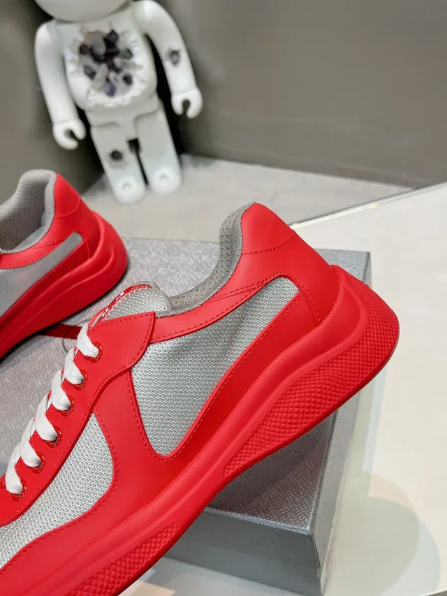 Prada Red Gray Leather Upper Mesh Overlays Lifestyle Sneakers 6