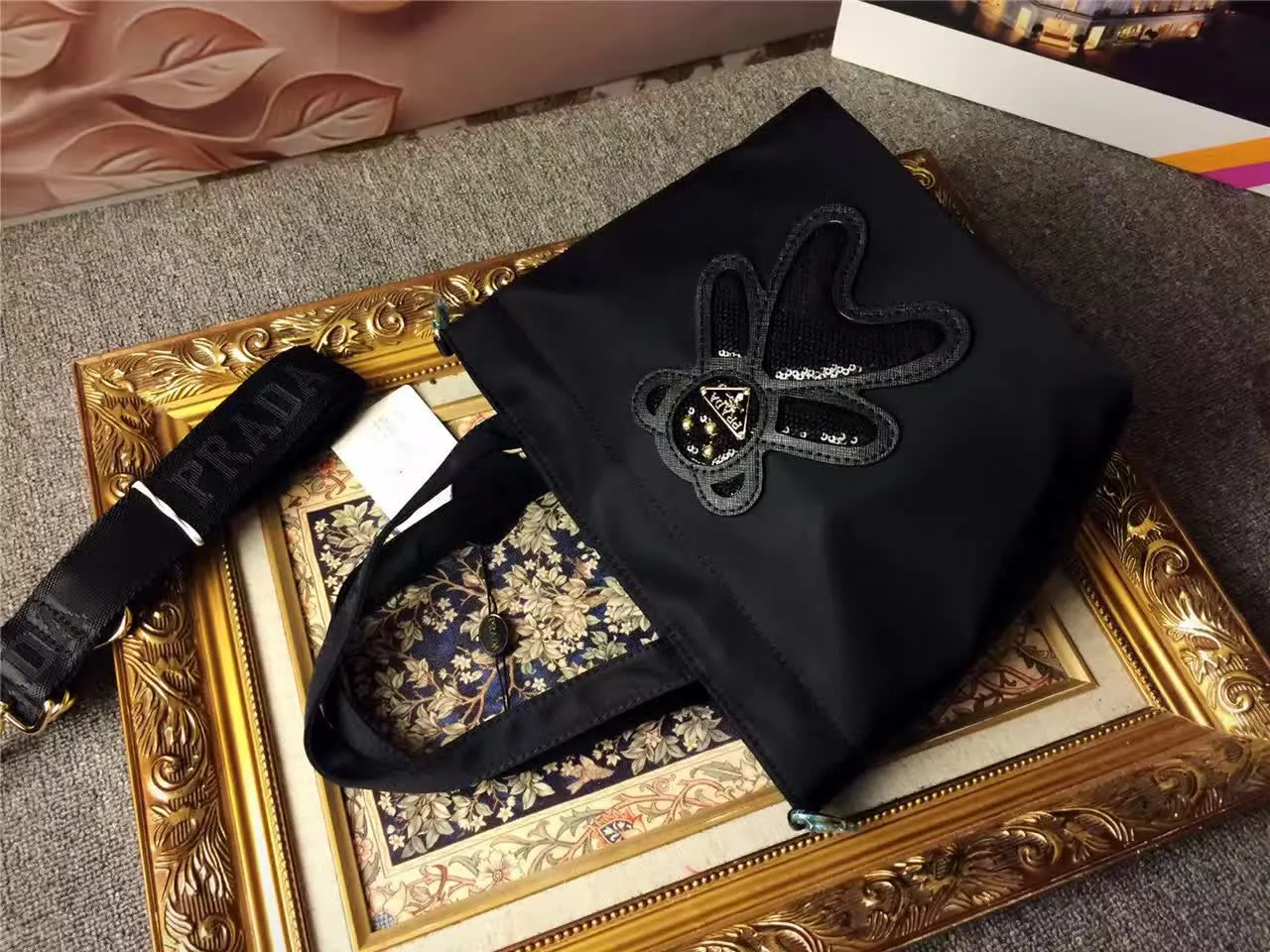 Prada Teddy Bear কালো নাইলন টোট ব্যাগ 7