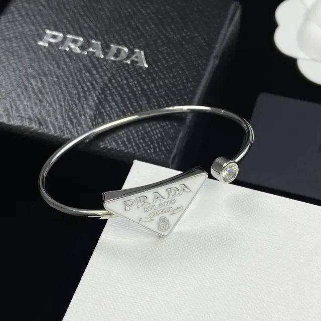 Prada Triangle Logo Bangle Gold Silver Rigid Triangular Plaque Bracelet 2