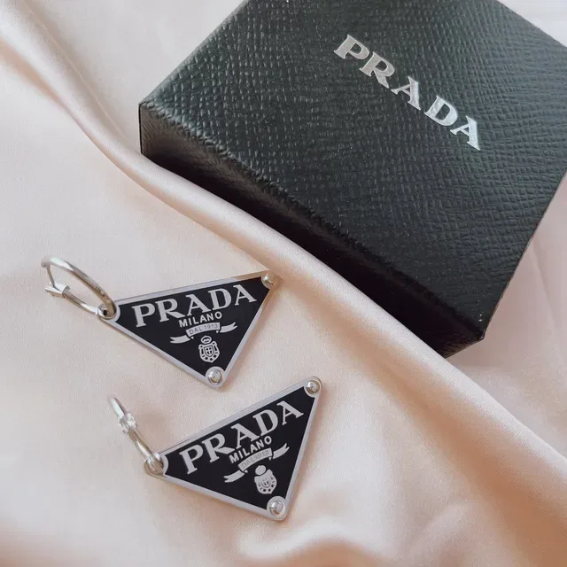 Prada Triangle Logo Black Enamel Silver-Tone Earring 4