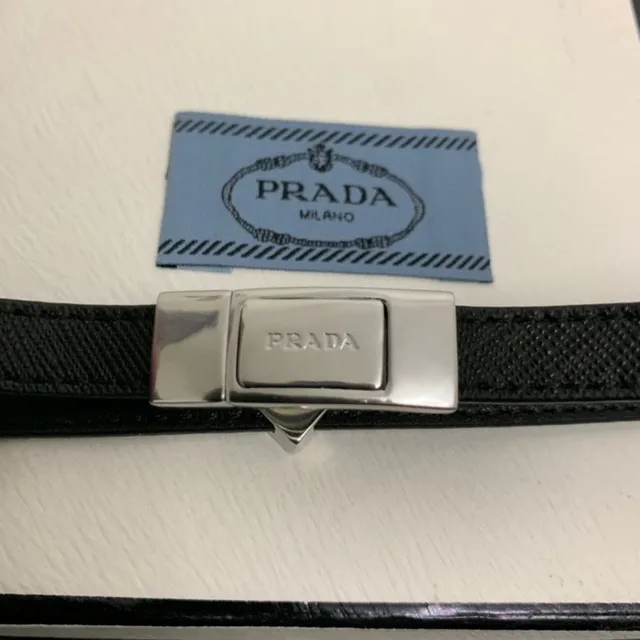 Prada Triangle Logo Double-Wrap Black Leather Bracelet 3
