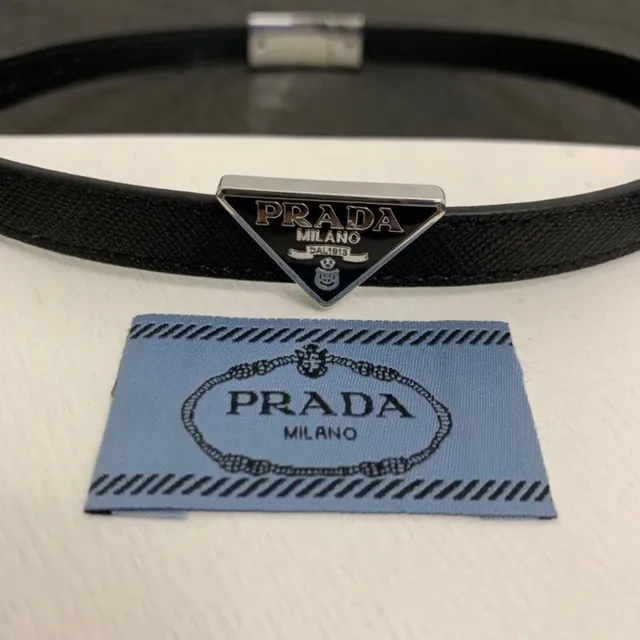 Prada Triangle Logo Double-Wrap Black Leather Bracelet 4