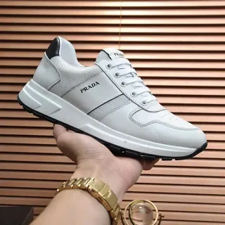 Prada White Black Leather-Mesh Hybrid Upper Accent Heel Tab Lifestyle Sneakers